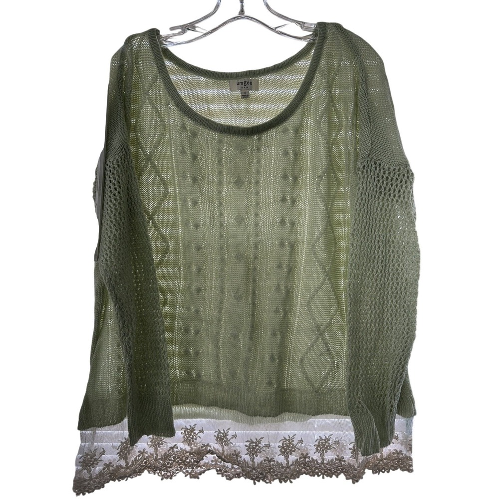 Umgee Sage Green Cable Knit Sweater Lace Trim‎ Hem Boho Oversized Small